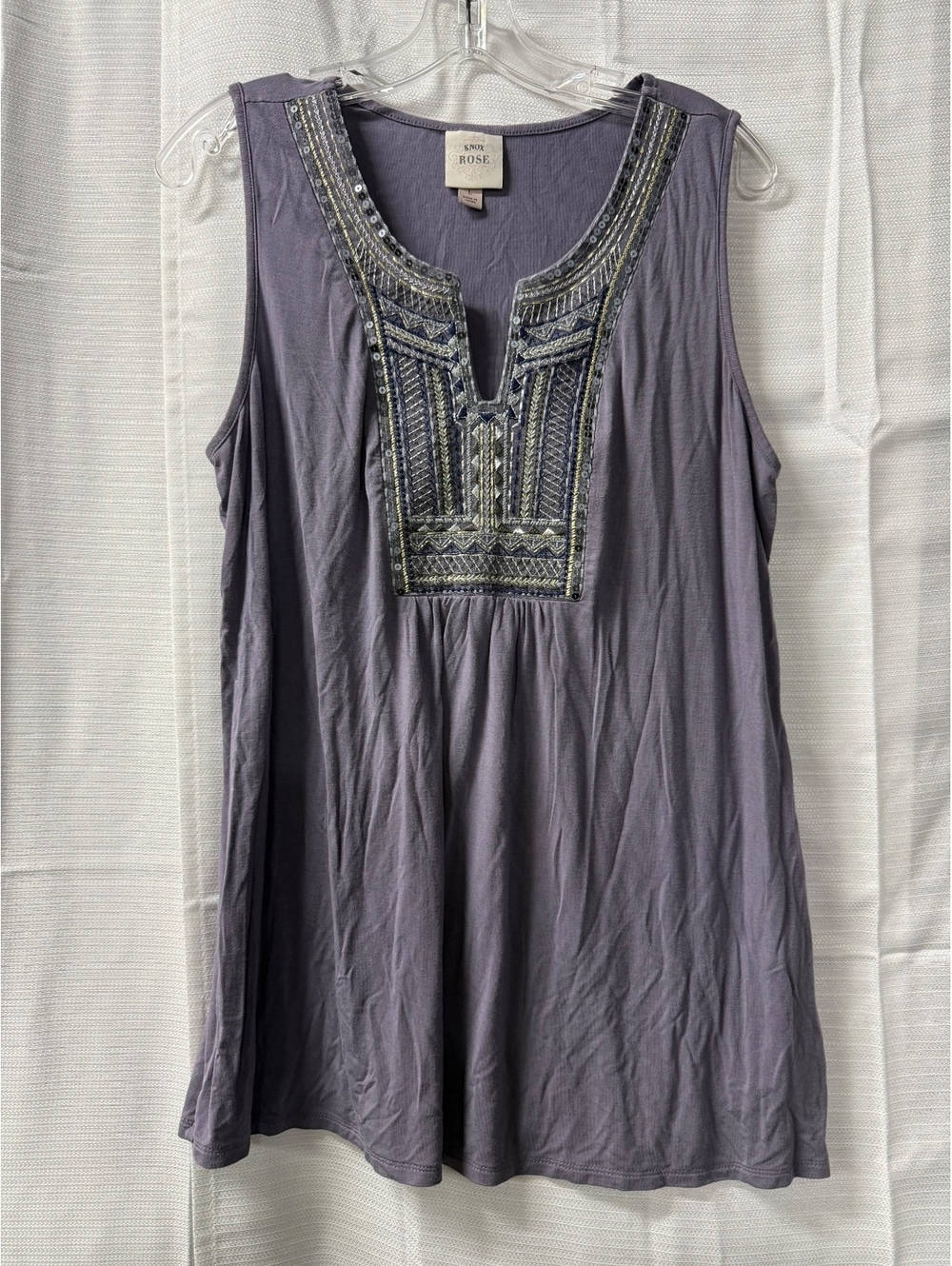 Knox Rose Gray Sleeveless Embroidered Rayon Blend Tunic Top Size L